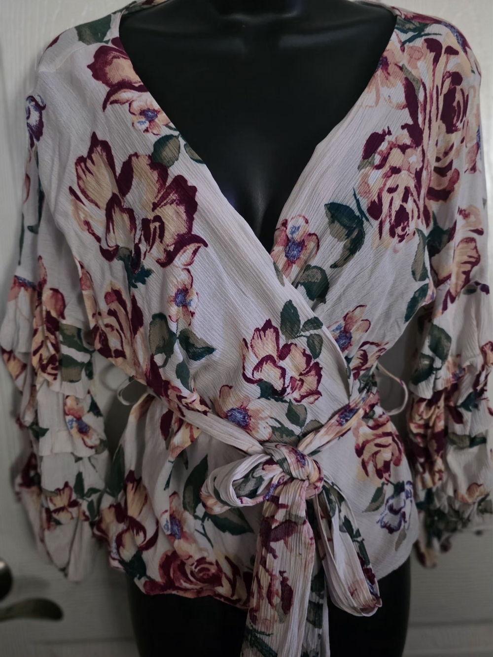 Floral Wrap Peplum Blouse - White with Burgundy & Green